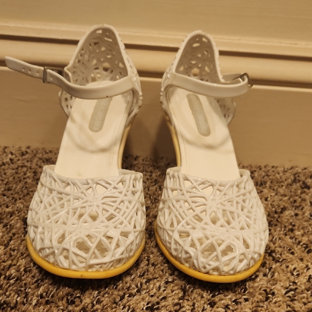 White Woven Slingback Heels with Ankle Strap